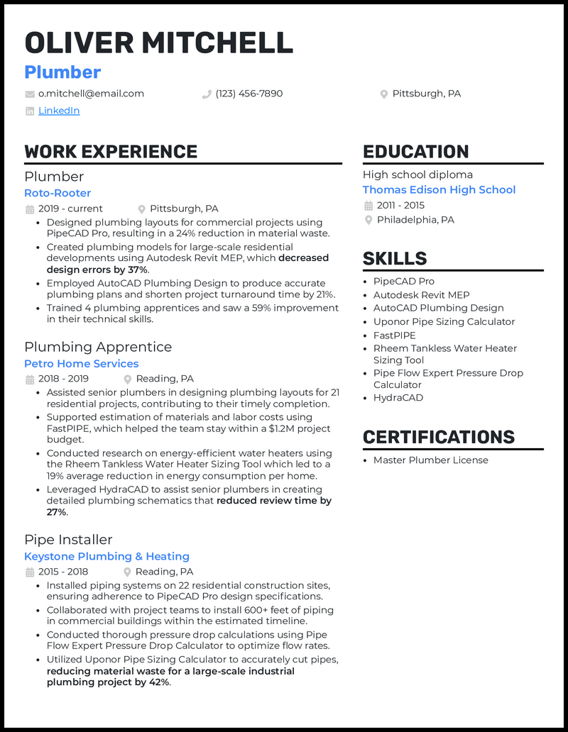 Plumber Resume Example 