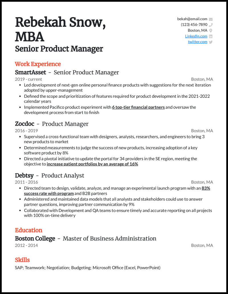 mba program resume sample