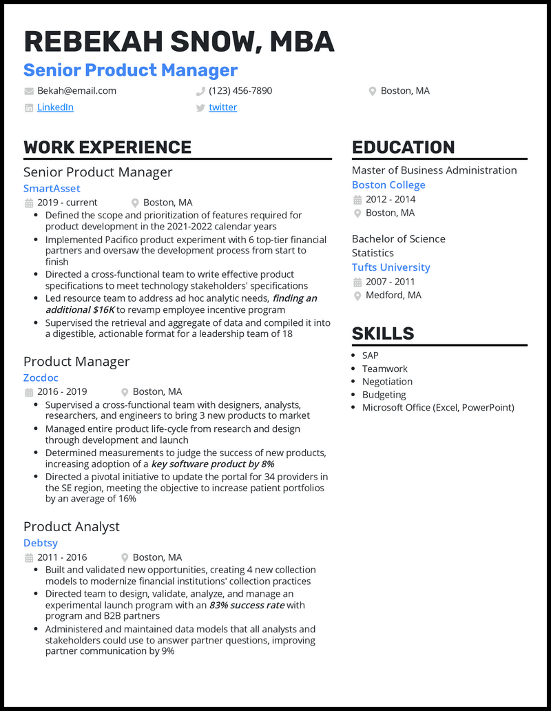 Modern post mba resume example with 5+ years experience