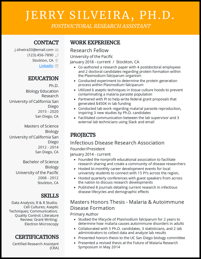 Postdoctoral research assistant resume example with 4+ years of experience