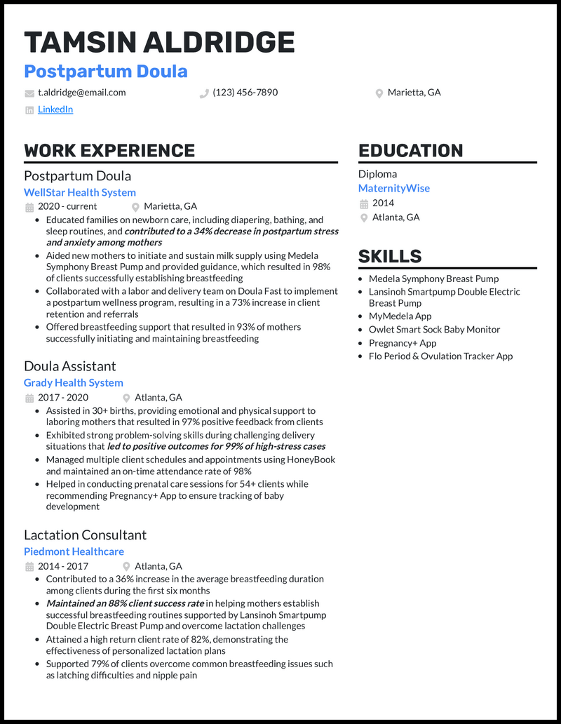 Postpartum Doula resume example with 3 years of experience