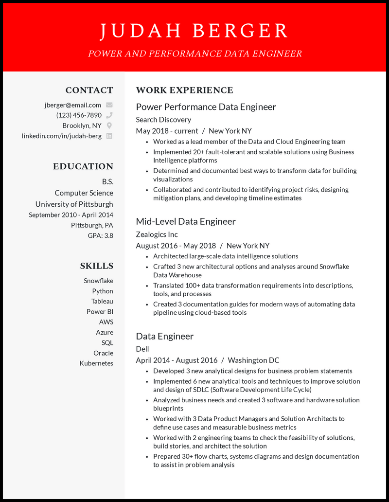 Power & performance data engineer resume example with 9 years of experience