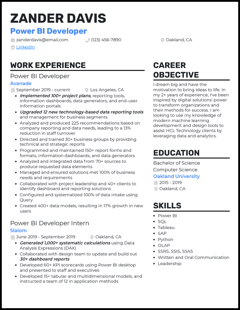 Power Bi Fresher Resume Sample