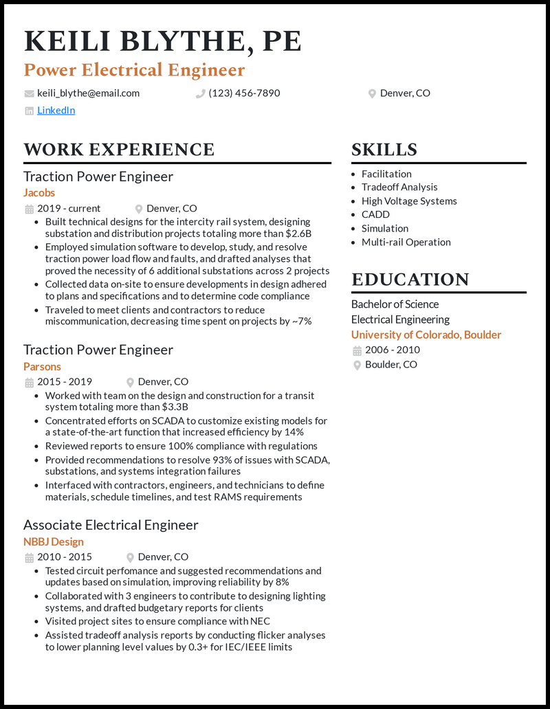 Power electrical engineer resume example with 12 years of experience