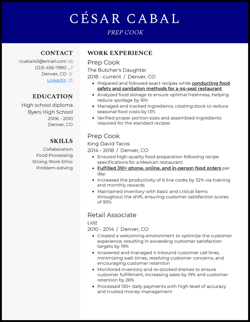 Professional prep cook resume example with 5+ years experience