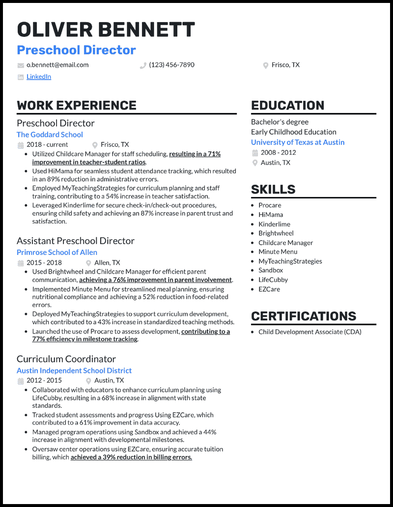 Preschool director resume example with 11 years of experience