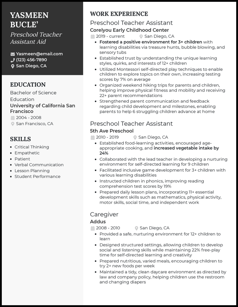 Resume Examples 2024 Teacher Assistant - Ashlan Lenore