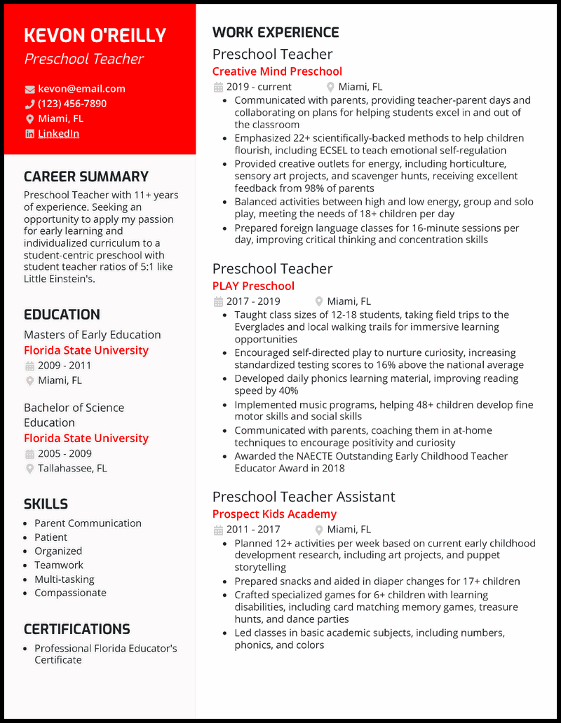 teacher description for resume sample