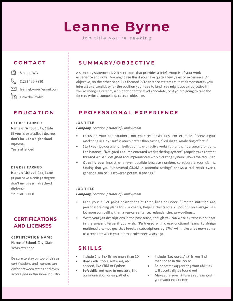 Pretty in pink resume template for Word