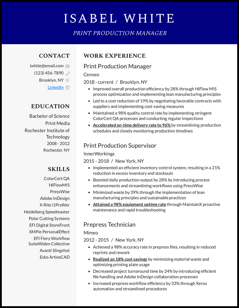 Print Production Manager resume example with 11 years experience