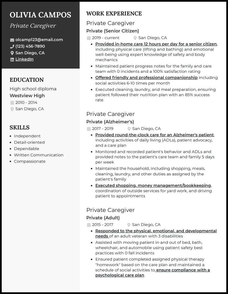 Elegant private caregiver resume example