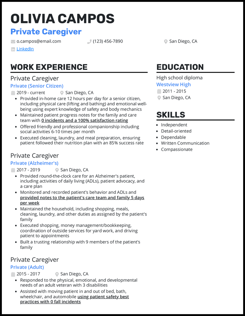 Private caregiver resume example with 8 years of experience