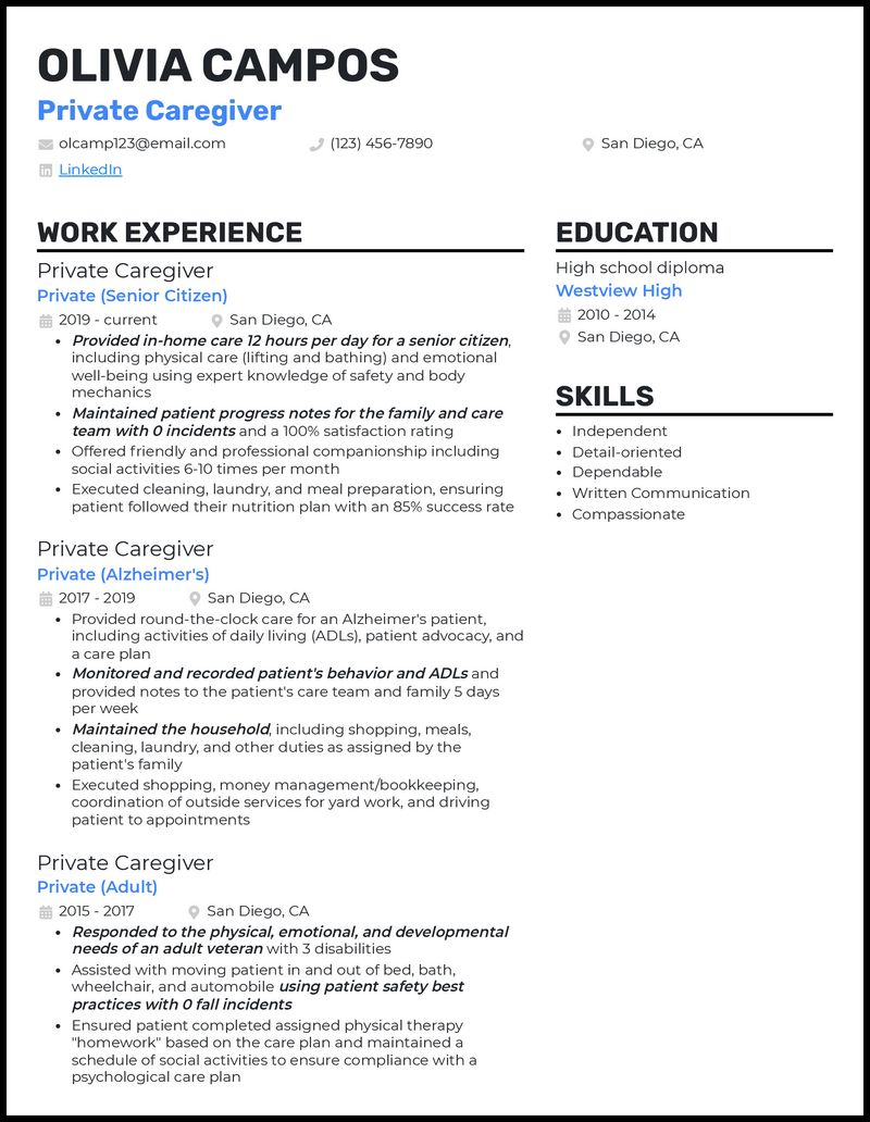 Private caregiver resume example with 5+ years experience