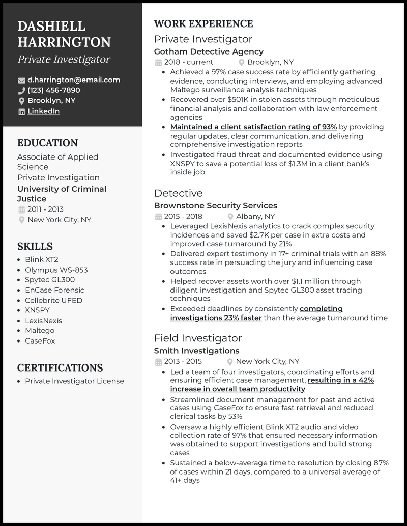 Private investigator resume example with 10 years of experience