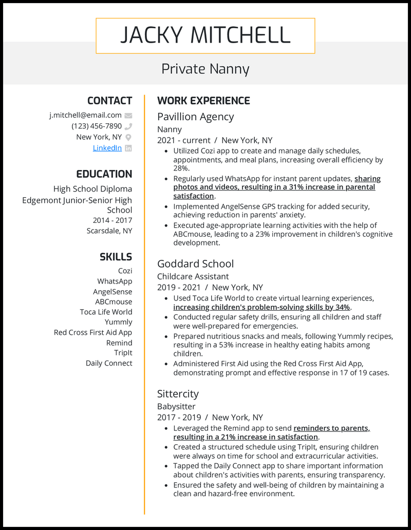 Private nanny resume example with 6 years of experience