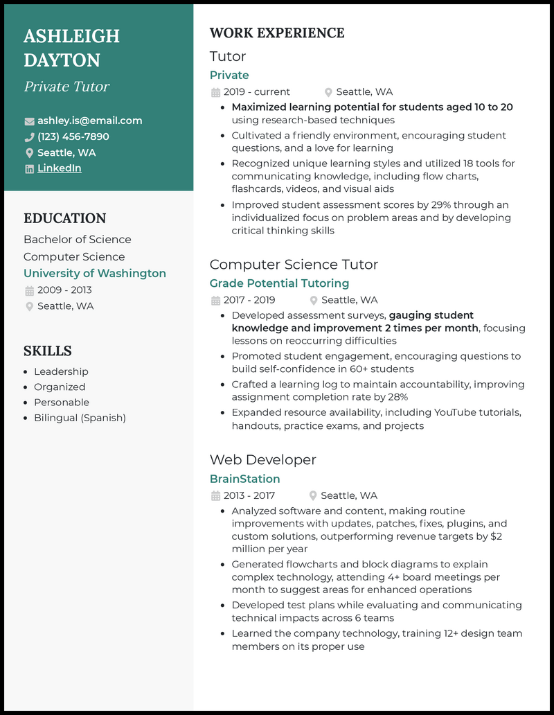 Private tutor resume example with 6 years of experience