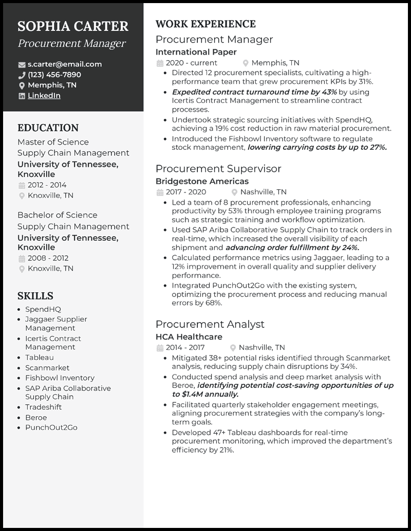 Procurement manager resume example with 9 years of experience