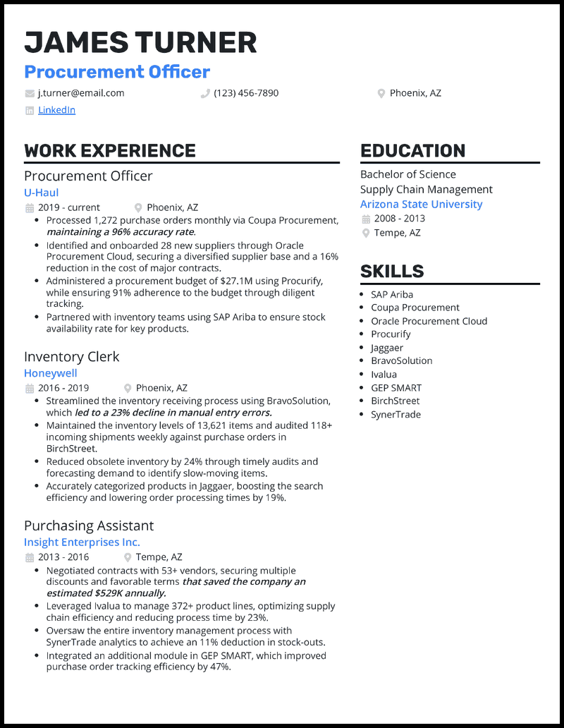 Procurement resume example with 10 years experience