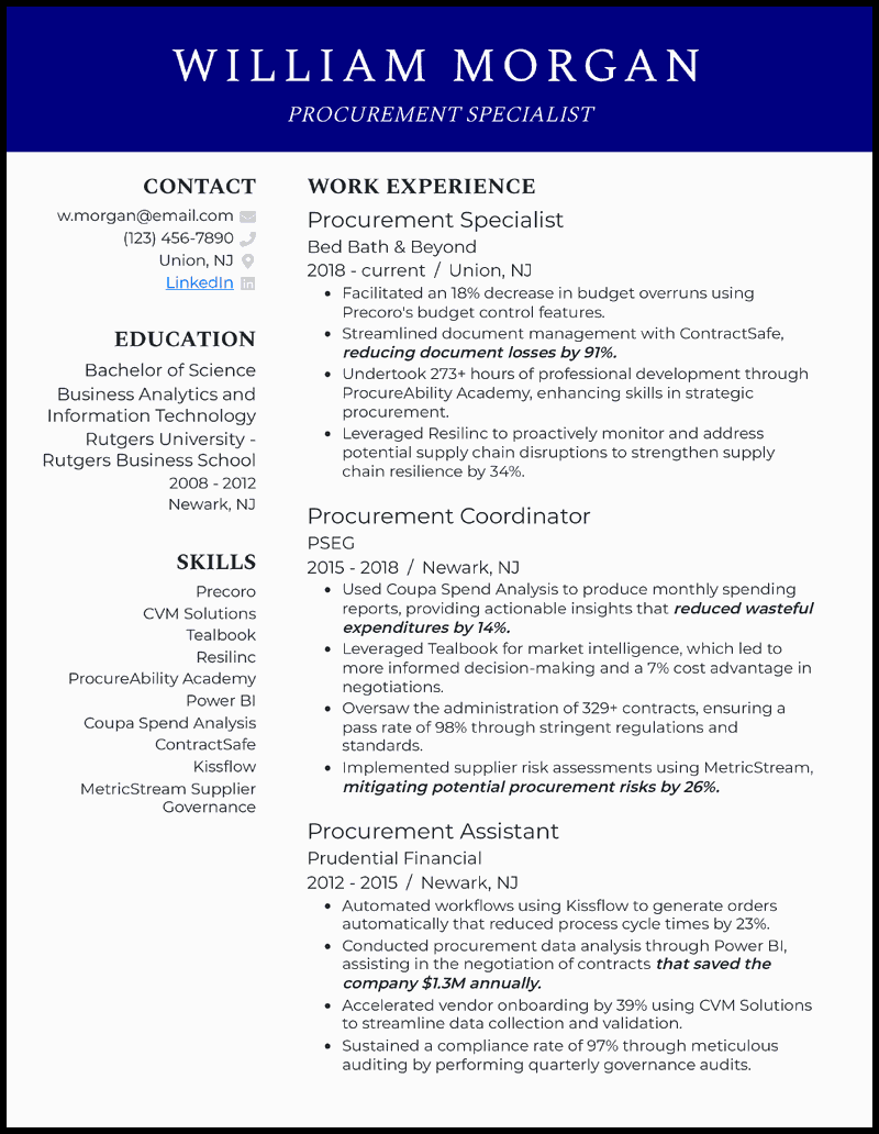 Procurement specialist  resume example with 11 years of experience