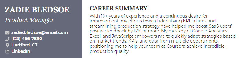 Product manager resume summary