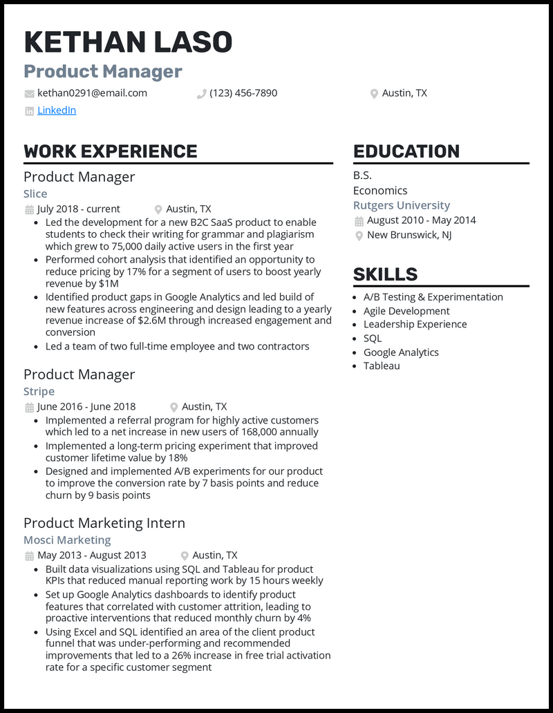 Product manager resume example with 6+ years of experience