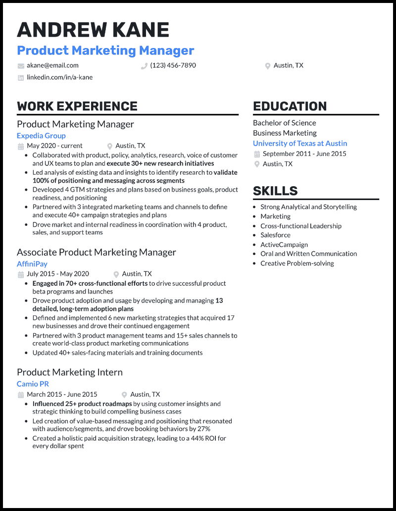 Product marketing manager resume example with 9 years of experience