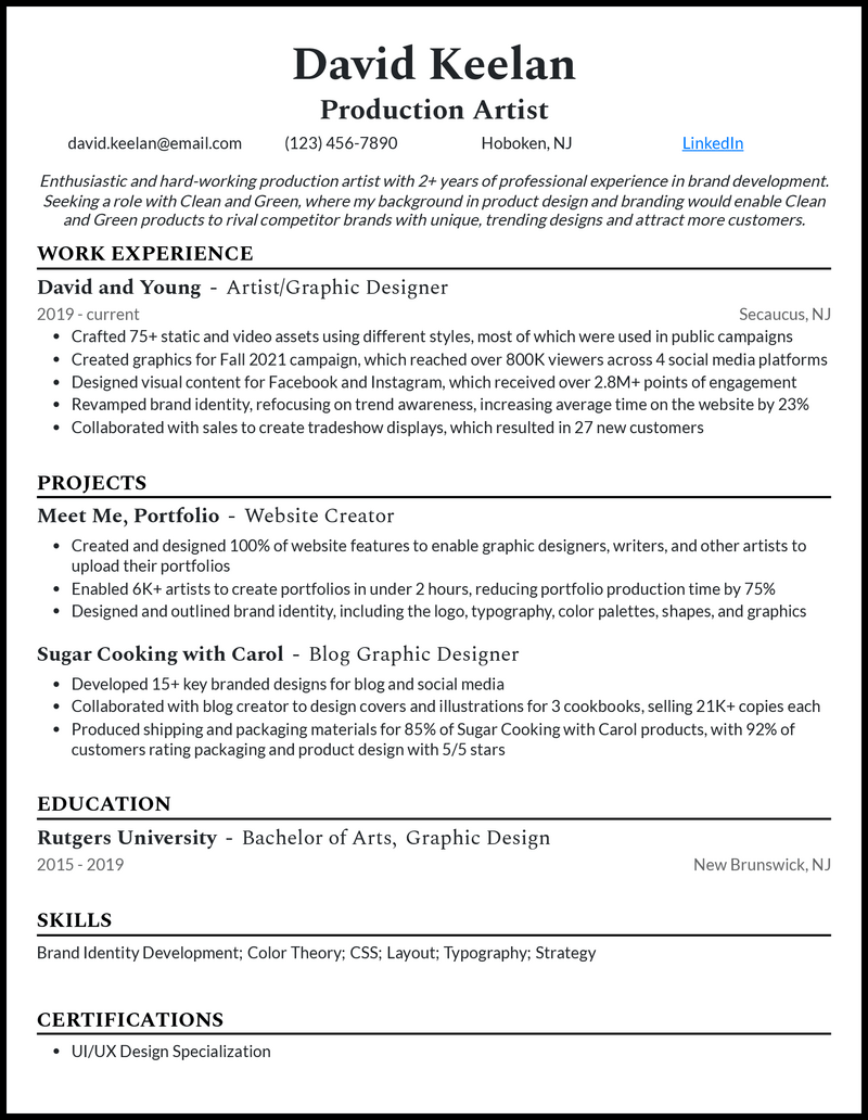 Elegant production artist resume example