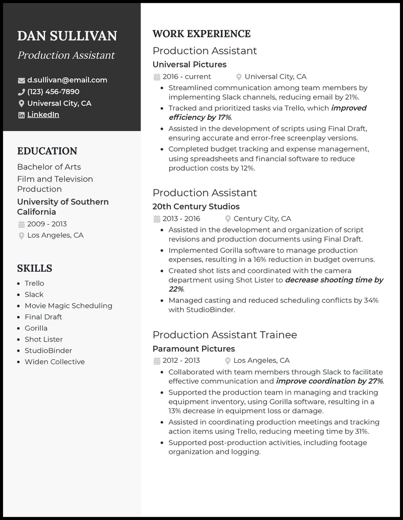 5 Production Assistant Resume Examples Created For 2024 