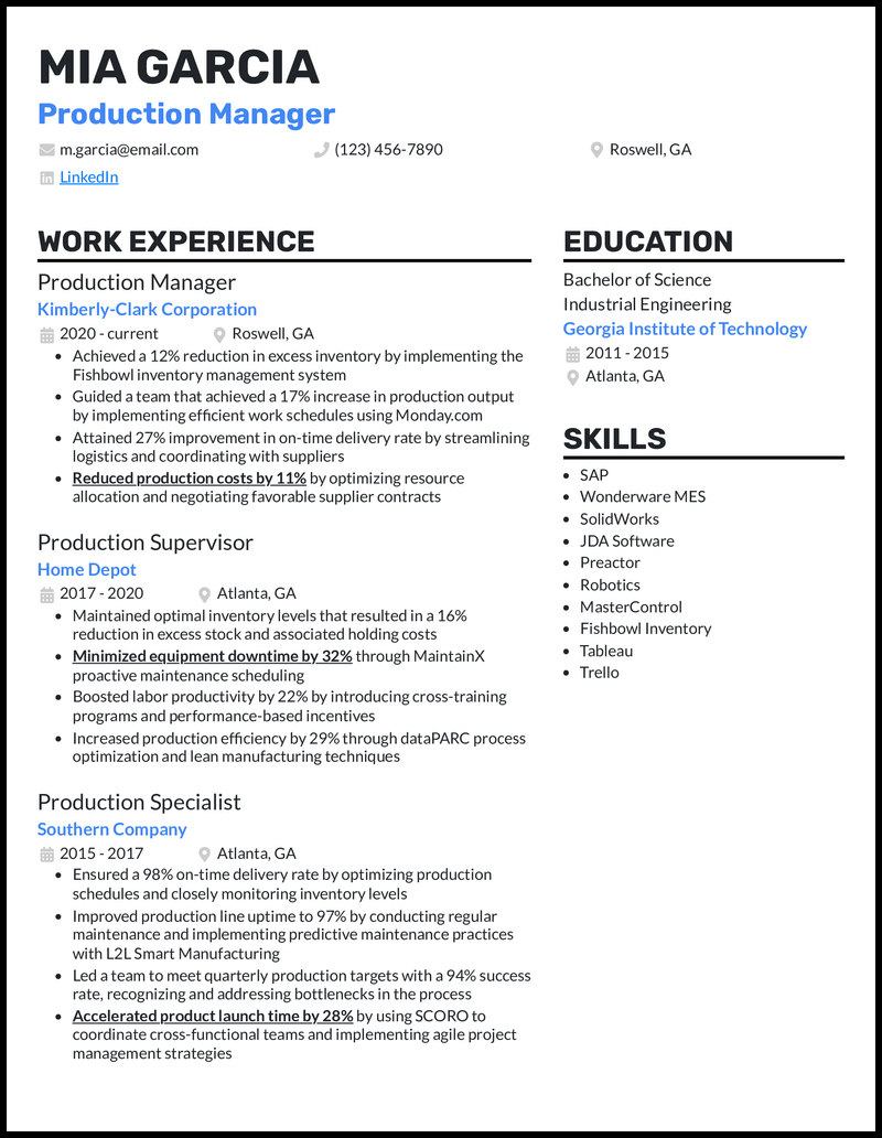 Production Manager resume example with 8 years experience