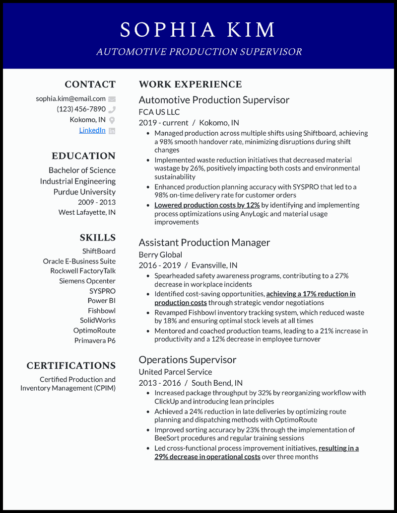 Production supervisor resume example with 10 years of experience