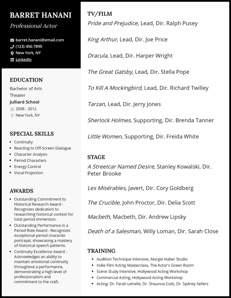 Professional acting resume example with tv/file and stage experience