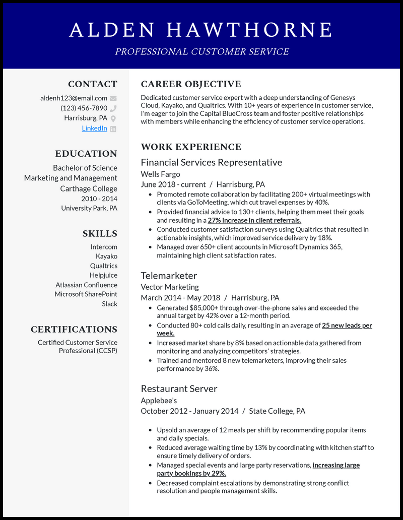 Professional customer service resume example with 10+ years experience