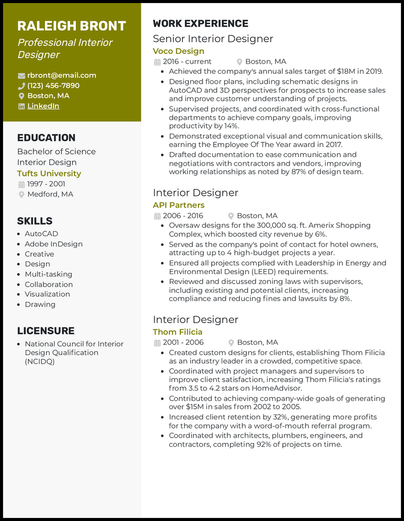 7 Interior Design Resume Examples - Professional Interior Designer Olive Resume Example 