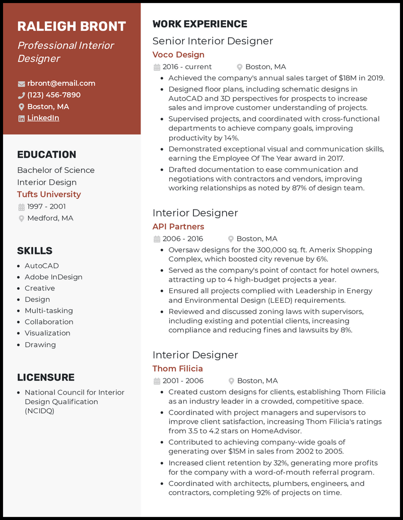 Professional interior designer resume example with 21 years of experience