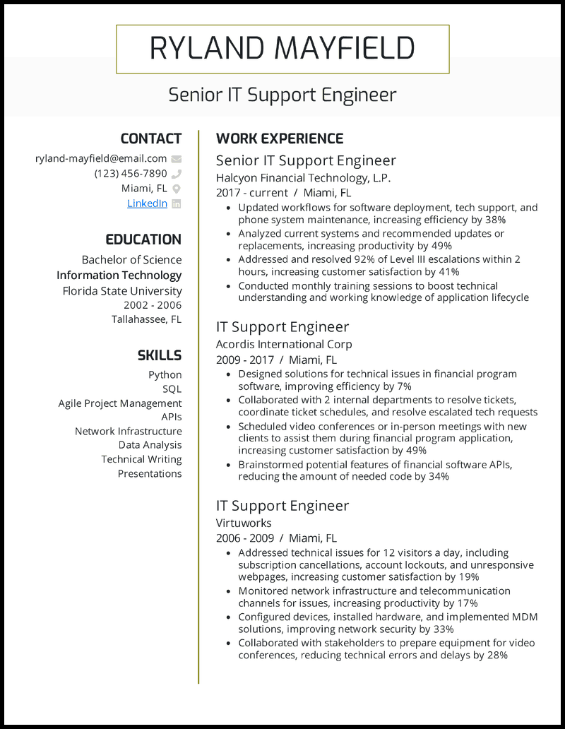 Professional it resume example with 16 years of experience