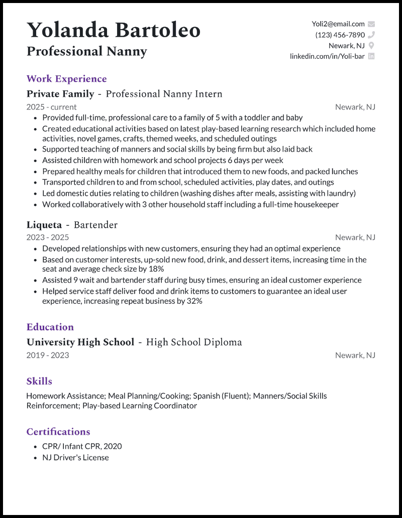 Professional nanny resume example with 4 years of experience