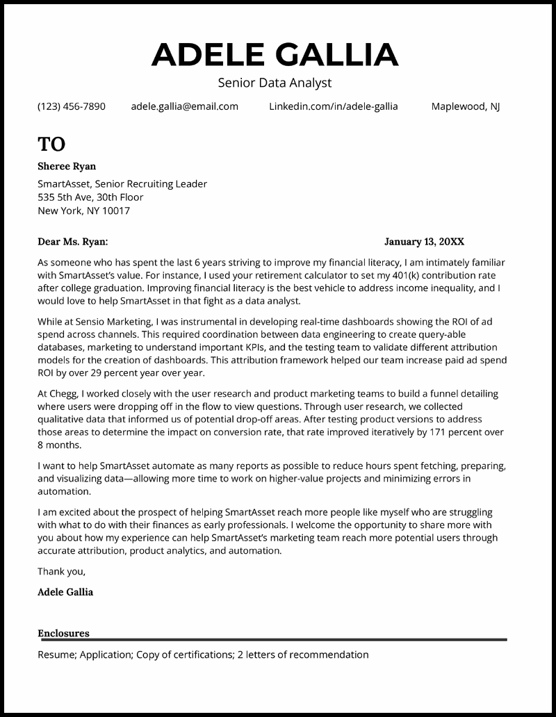 Professional senior data analyst cover letter template