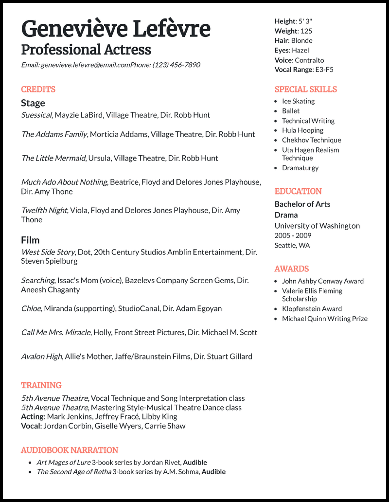 Professional theatre resume example