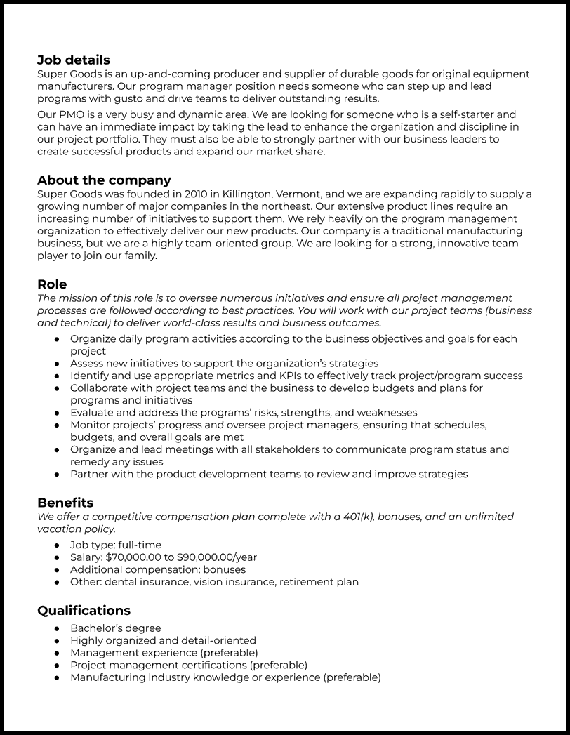 Program manager job description template