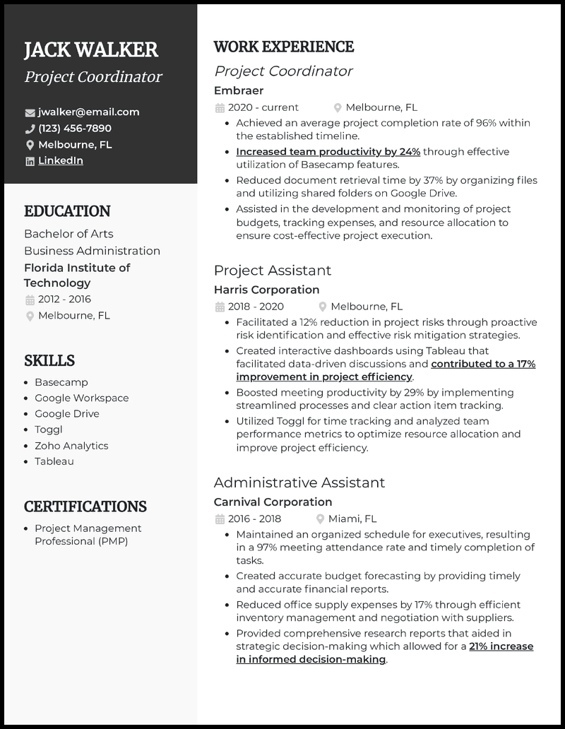 Project Coordinator resume example with 9 years of experience