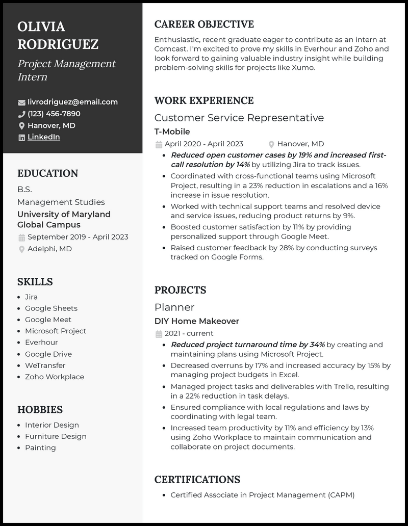 Project management intern resume example with no experience