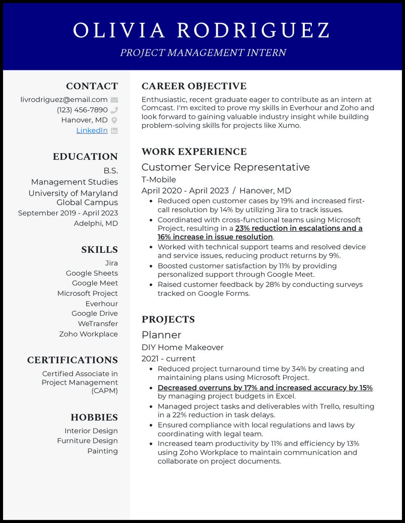 3 Project Management Intern Resume Examples for 2023