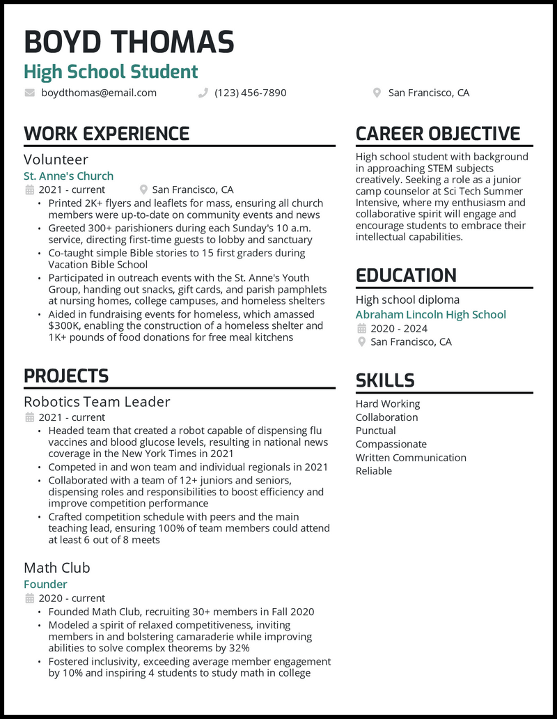 High school resume example