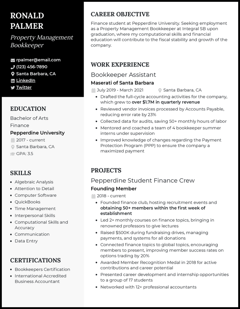 Property management bookkeeper resume example with 4+ years experience