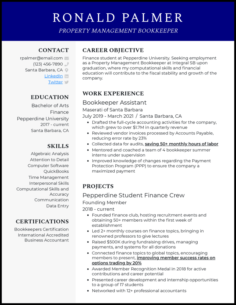 Modern property management bookkeeper resume example with 4+ years experience