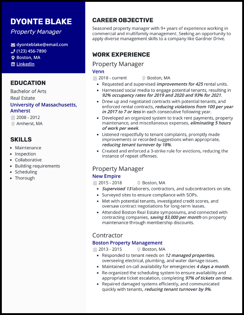 11 Property Manager Resume Templates Examples For 2025 Property Manager Royal Blue Resume Example 