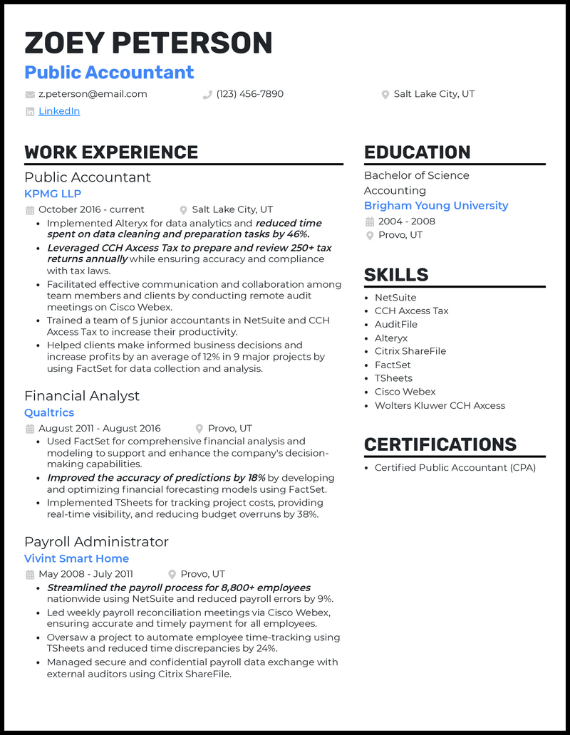 Public accounting resume example with 4+ years experience