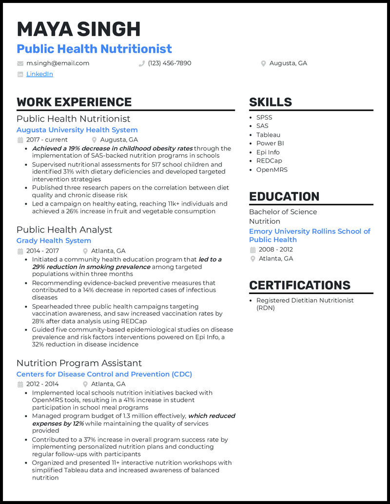 Public Health Nutritionist resume example with 11 years of experience