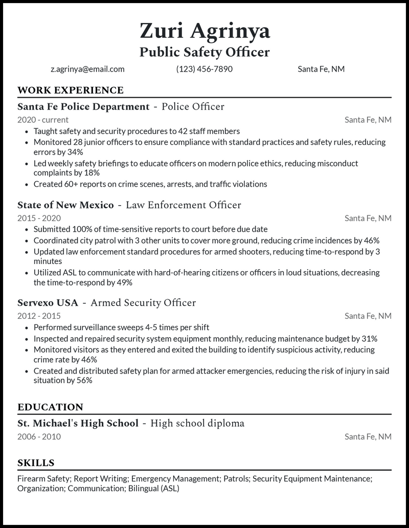 Professional public safety officer resume example