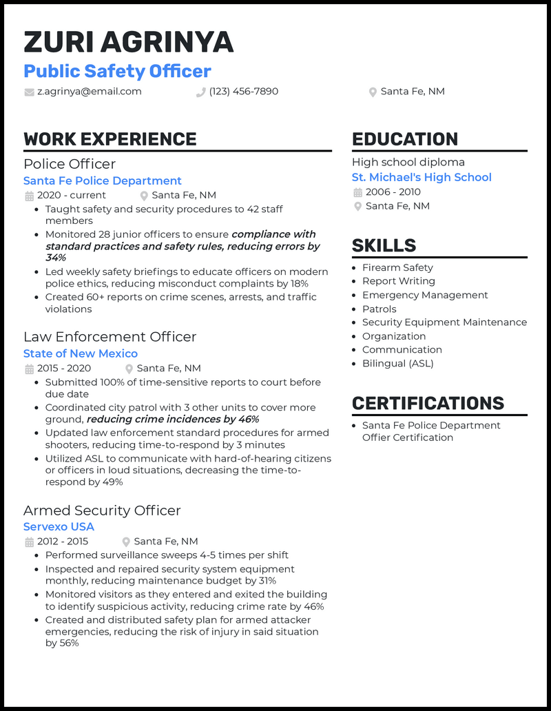 Public safety officer resume example with 10+ years of experience